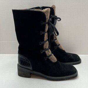 Stuart Weitzman Black Suede Brown Faux Fur Lined Stacked‎ Heel Boot Zip Up 8.5